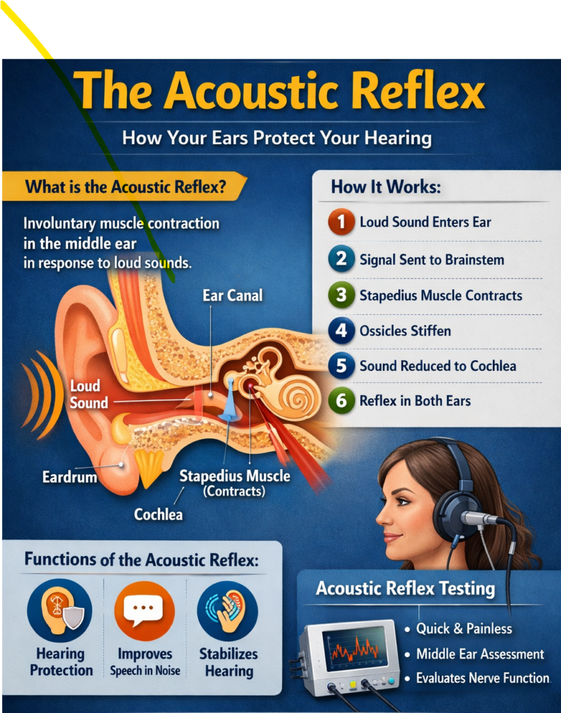 Hearing is a complex and delicate process that allows us to connect with the world around us. From enjoying music to understanding speech, our ears constantly adapt to different sound levels. One of the most important protective mechanisms in the auditory system is the acoustic reflex. Although most people are unaware of it, the acoustic reflex plays a vital role in safeguarding the inner ear from loud sounds and helping us hear clearly in noisy environments.