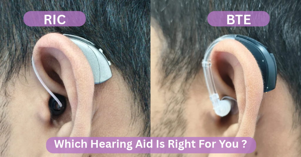 BTE vs RIC hearing aids comparison showing behind the ear and receiver in canal hearing aids