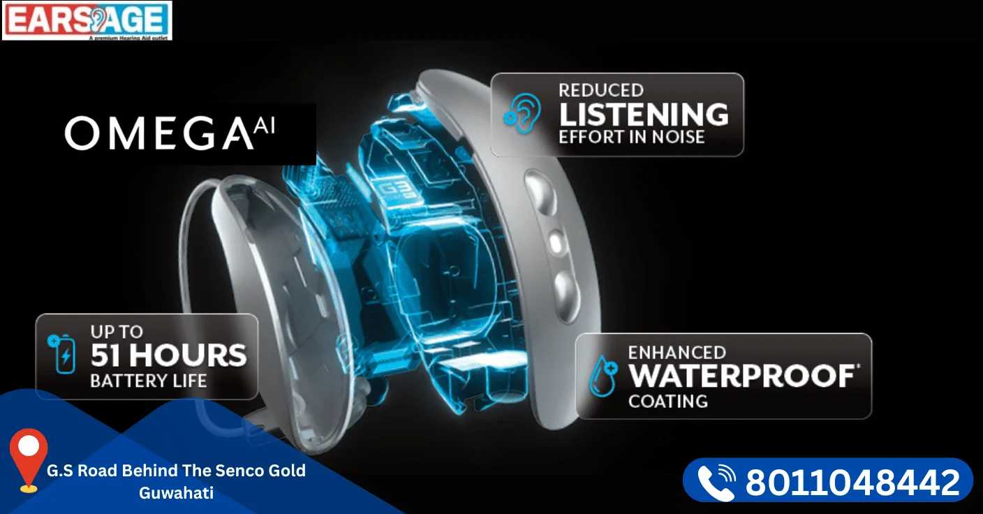 OMEGA AI Hearing Aid in Guwahati – Smart, Waterproof & 51-Hour Battery Life | Earsage Hearing Aid Centre